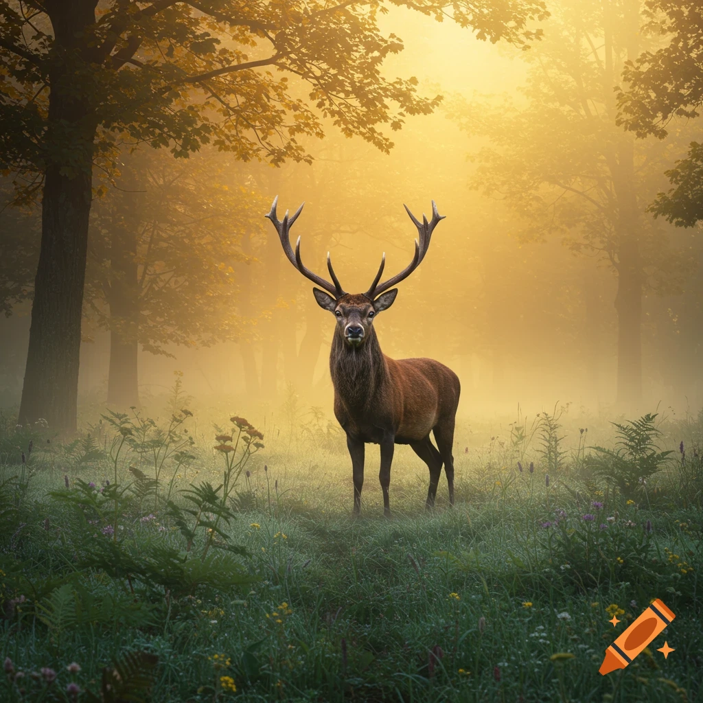 A majestic stag stands in a misty, golden forest during sunrise or sunset, surrounded by lush green foliage and wildflowers. Photorealistic.