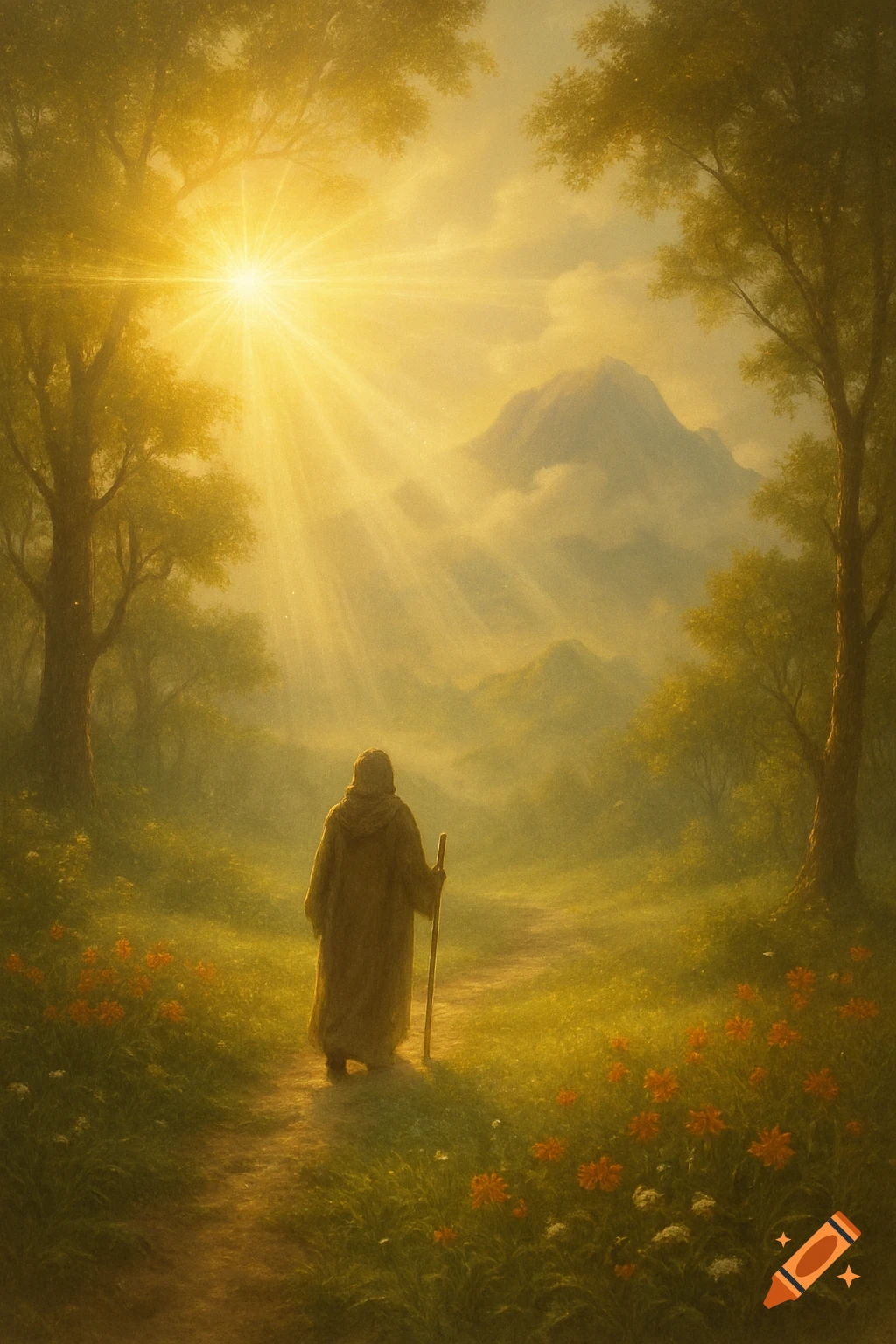 A cloaked figure with a staff walks a sunlit path through a lush forest towards mountains, bathed in radiant golden light.