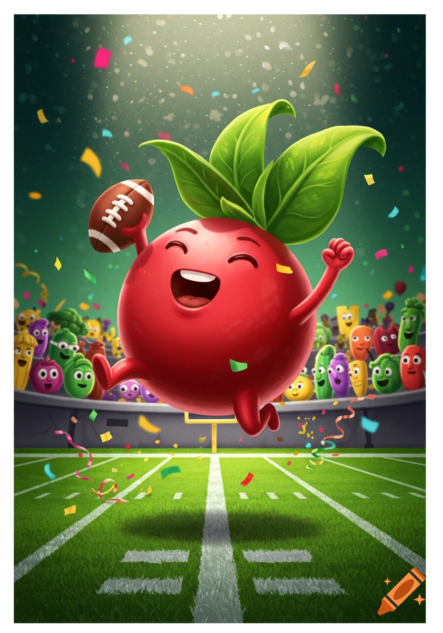 A happy red cartoon beet runs with a football, celebrating a touchdown in a vibrant stadium with confetti and cheering vegetable fans.
