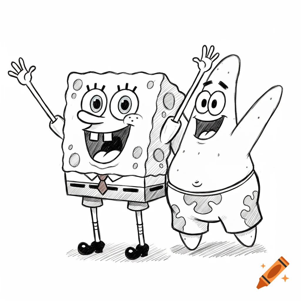 Black and white drawing of Spongebob SquarePants and Patrick Star happily waving with their arms raised.