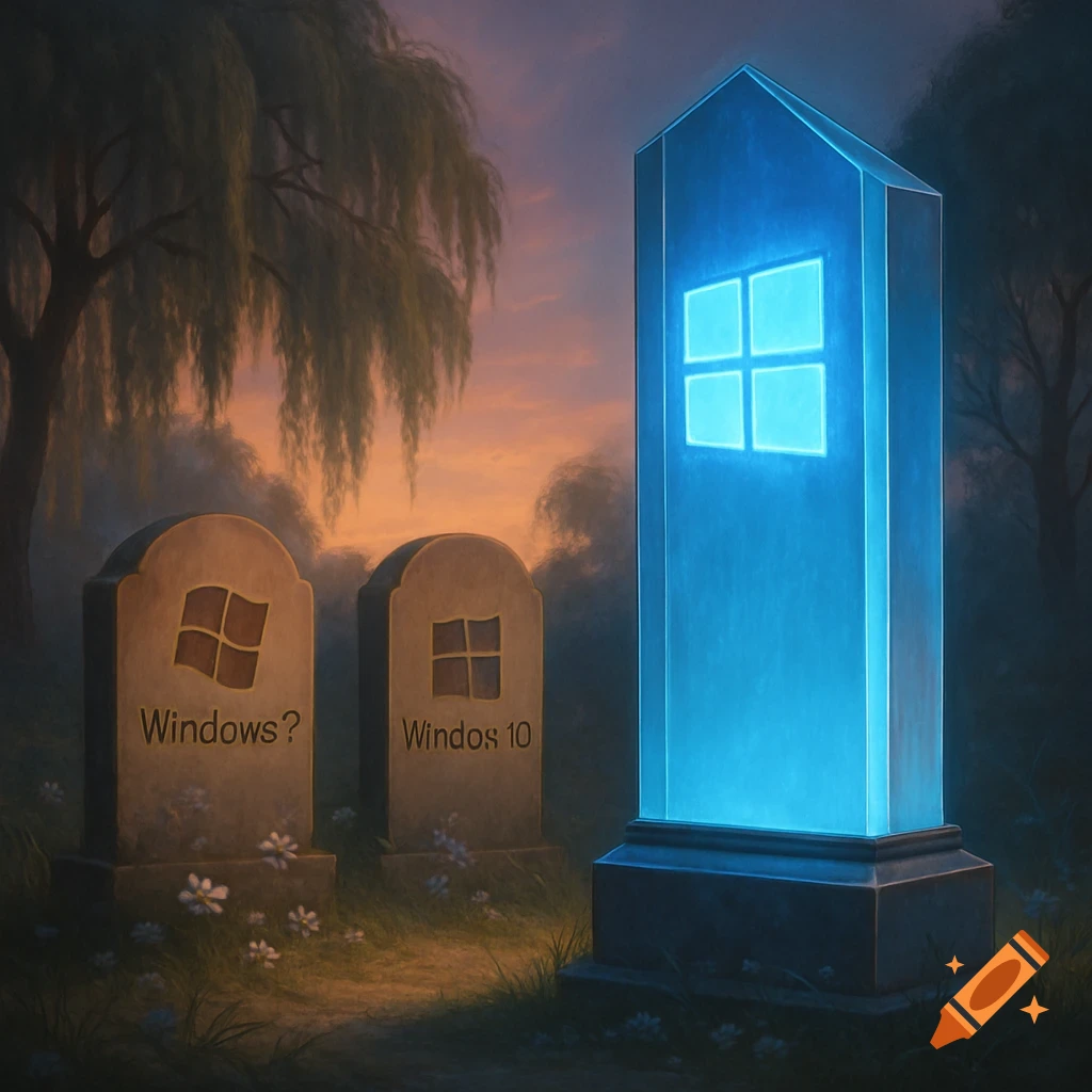 A digital painting of a graveyard at sunset with two old gravestones for "Windows?" and "Windos 10", and a glowing blue obelisk representing Windows 11.