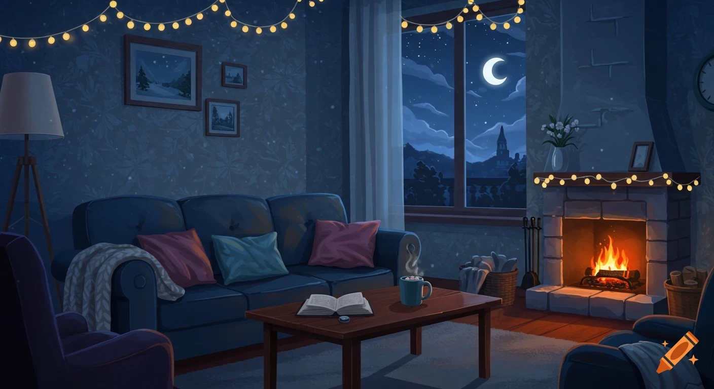 A cozy, cartoon-style living room at night with a crackling fireplace, a couch, and a window looking out at a moonlit sky.