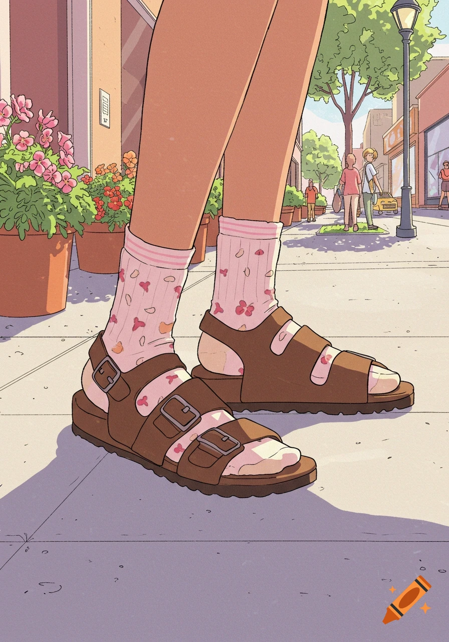 Illustrated view of a person wearing socks and sandals walking on a sunny urban sidewalk with flowers and buildings in the background.