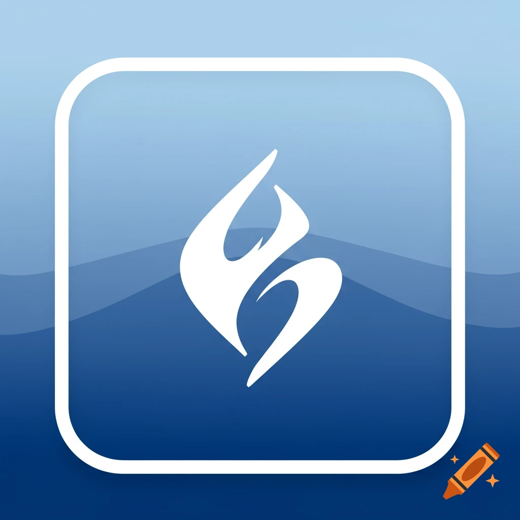 Blue square icon with rounded corners, featuring a white abstract flowing symbol in the center.