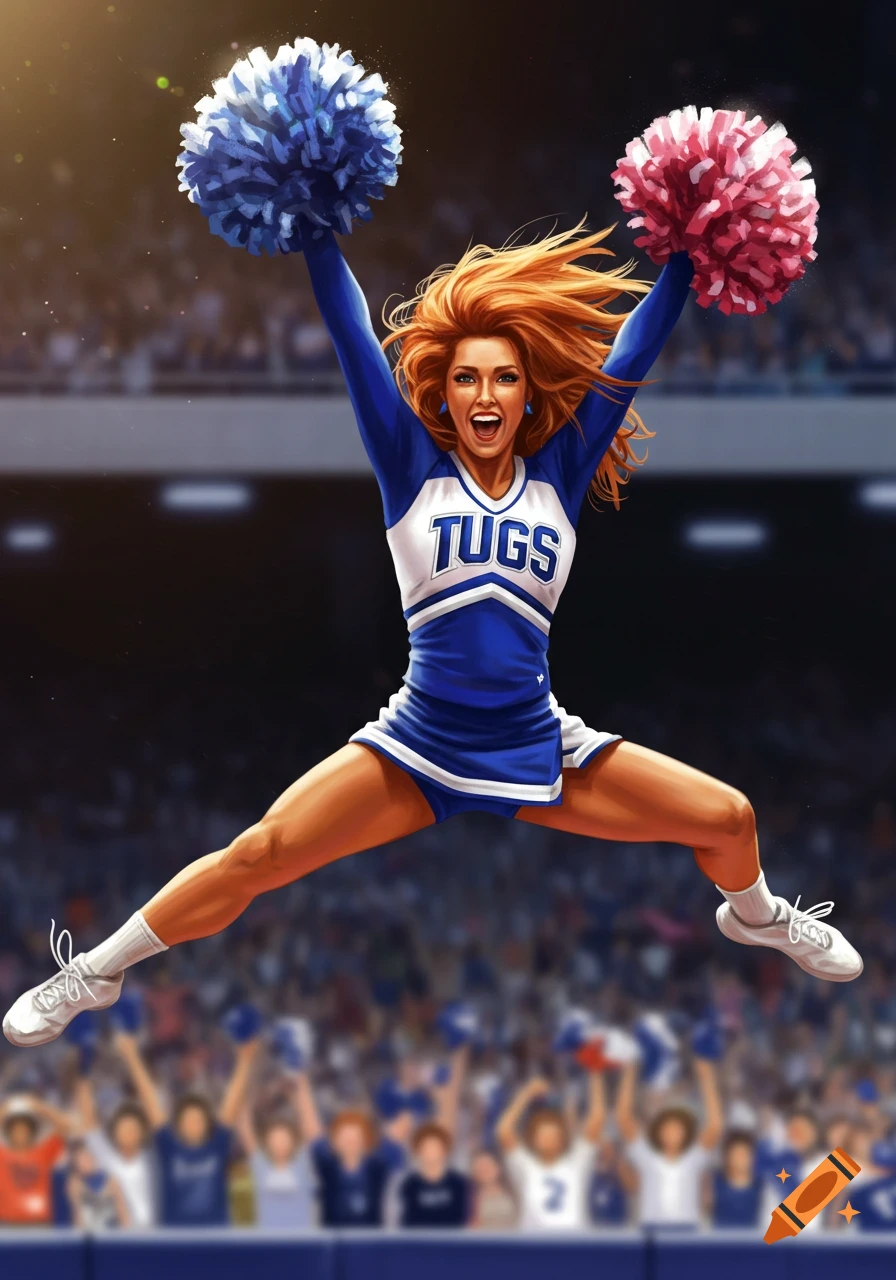 A red-haired cheerleader in a blue and white uniform leaps high, holding blue and pink pompoms, in a vibrant stadium.
