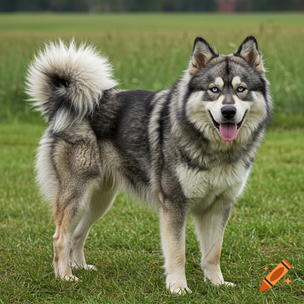 A photorealistic gray, black, and cream mixed-breed dog with bright blue eyes and a bushy tail stands in a grassy field.