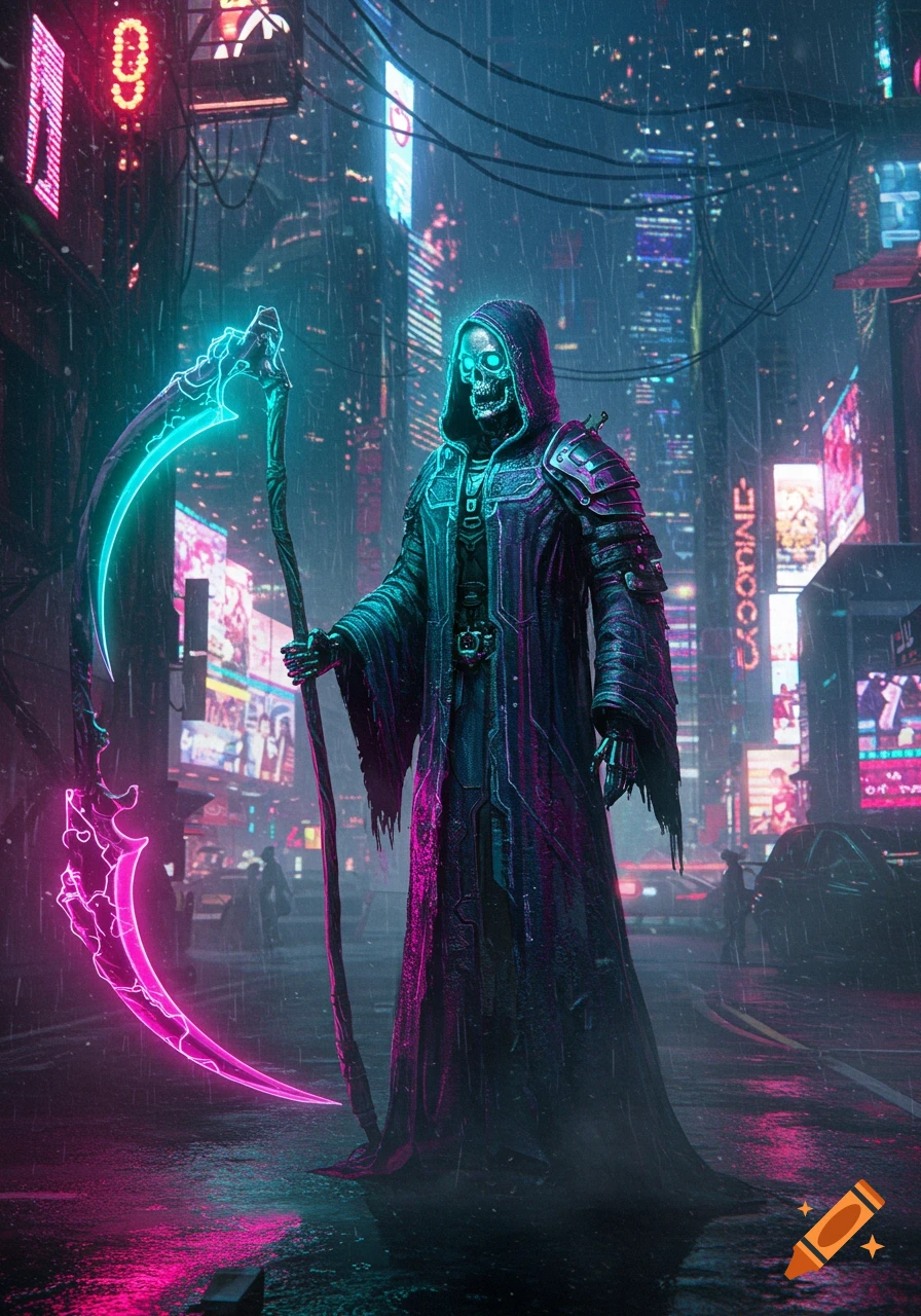 A cyberpunk grim reaper with a glowing skull and scythe stands on a rainy street in a neon-lit futuristic city.
