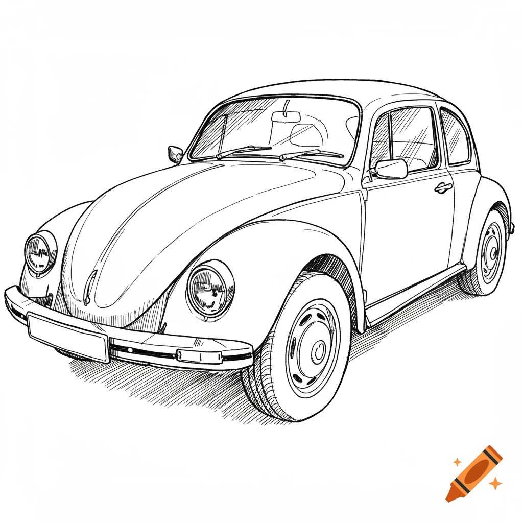 A black and white line drawing of a classic Volkswagen Beetle car viewed from a 2/3 angle.