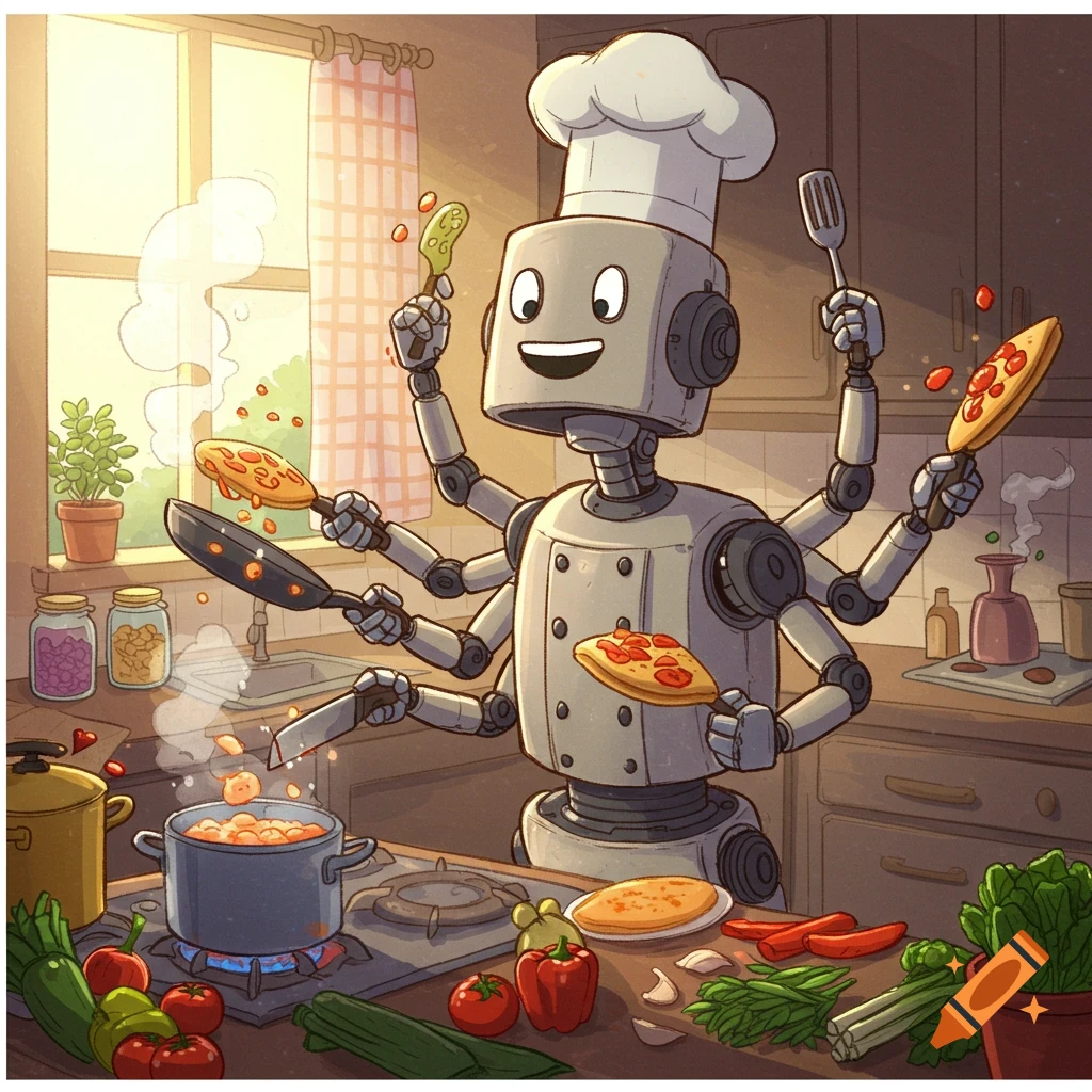 A happy, multi-armed robot chef wearing a toque, busily cooking various dishes in a sunny cartoon kitchen.