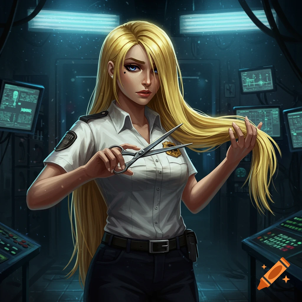 Anime-style woman in a security uniform cuts her long blonde hair with scissors in a control room.