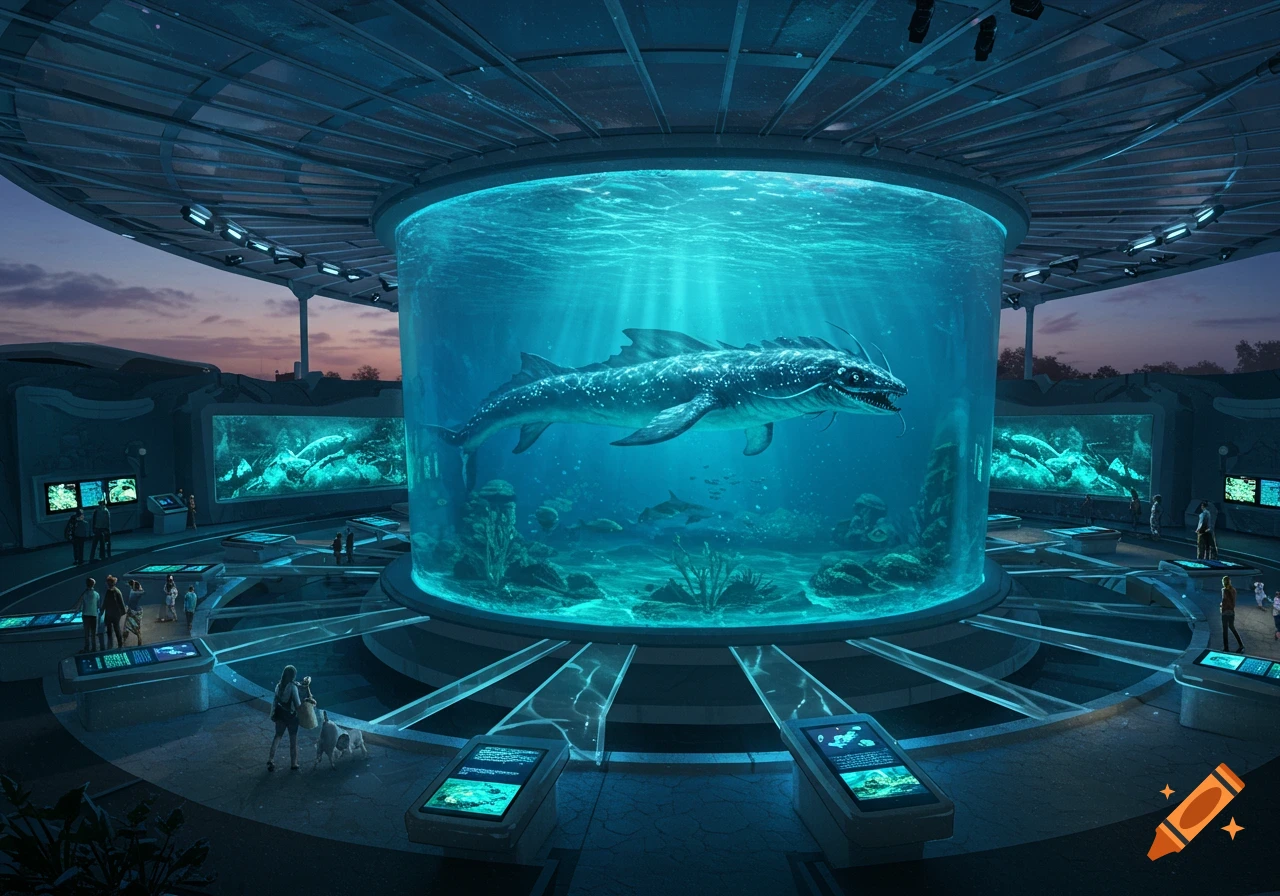 A large, fantastical monster fish swims in a massive circular tank within a futuristic aquarium, surrounded by glowing displays and visitors.