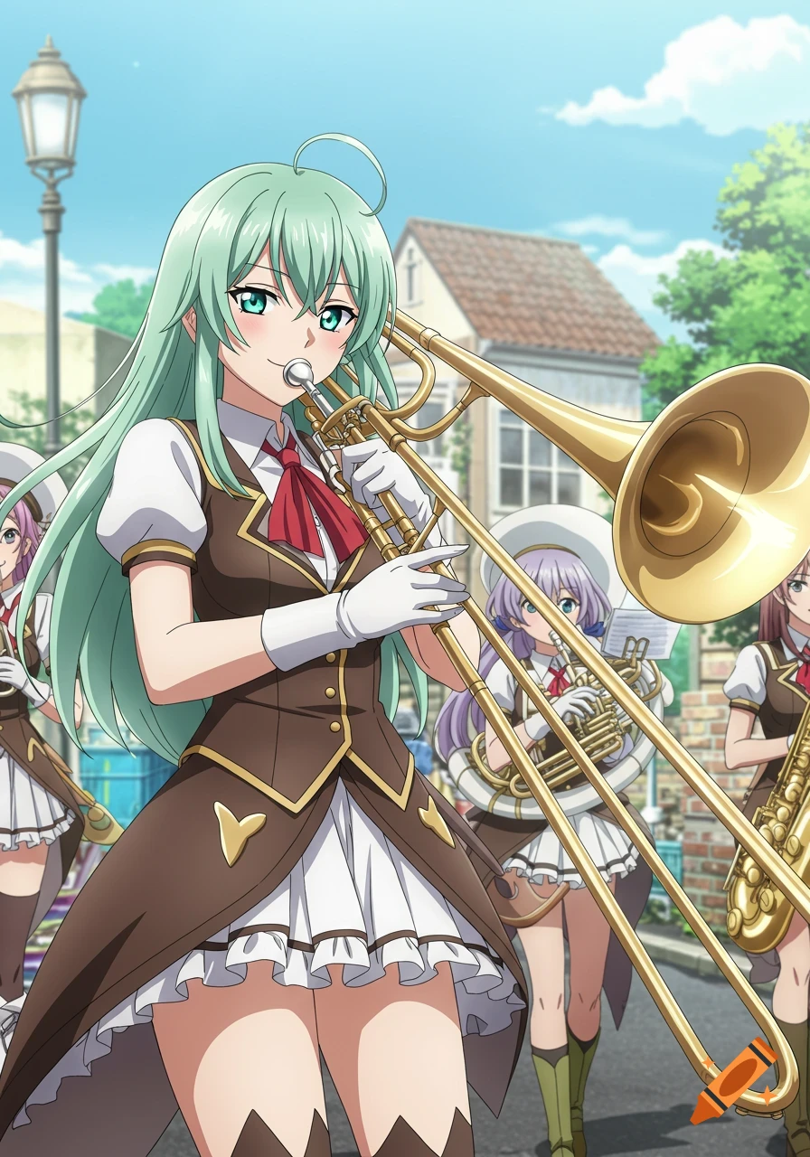 An anime girl with light green hair plays an elongated trombone, part of a brass band in a street parade.
