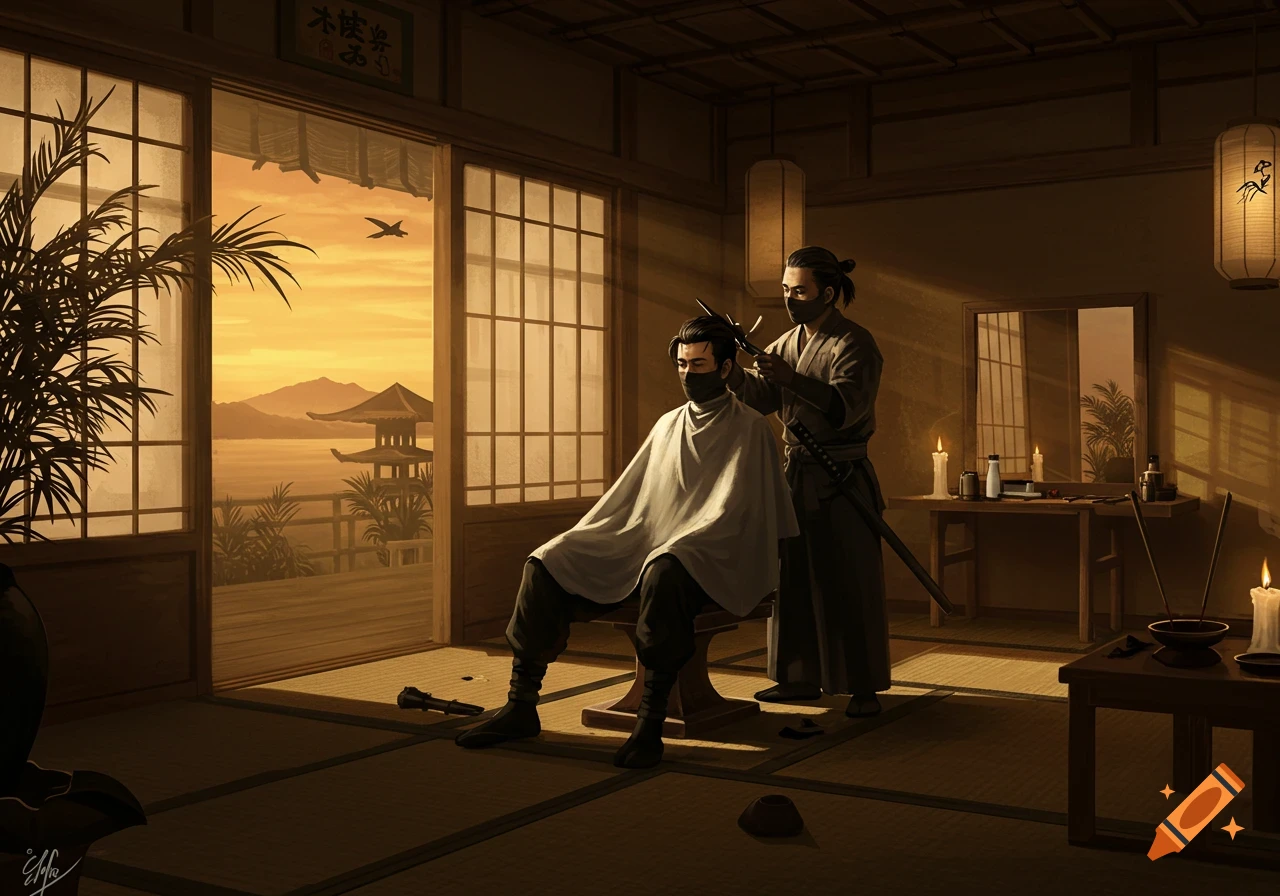 A masked barber cuts a masked man's hair in a traditional Japanese room with a sunset view of a pagoda.