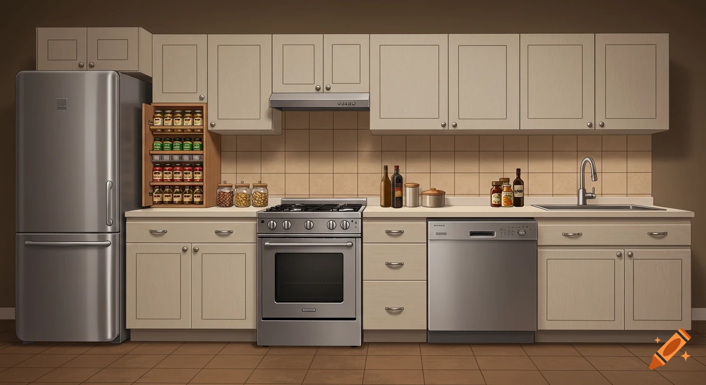A full view of a modern kitchen featuring light colored cabinets, stainless steel appliances, a spice rack, and a sink.