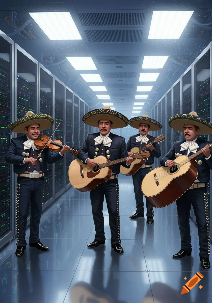 Four mariachis in traditional charro suits and sombreros play instruments in a long server room aisle.