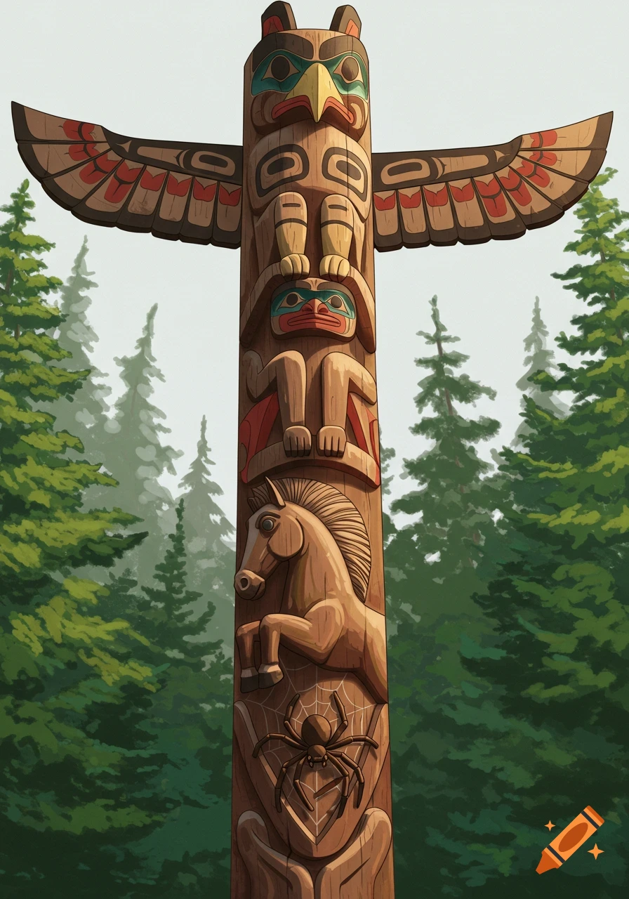 An illustration of a carved totem pole featuring an eagle, a person, a horse, and a spider, against a pine forest backdrop.