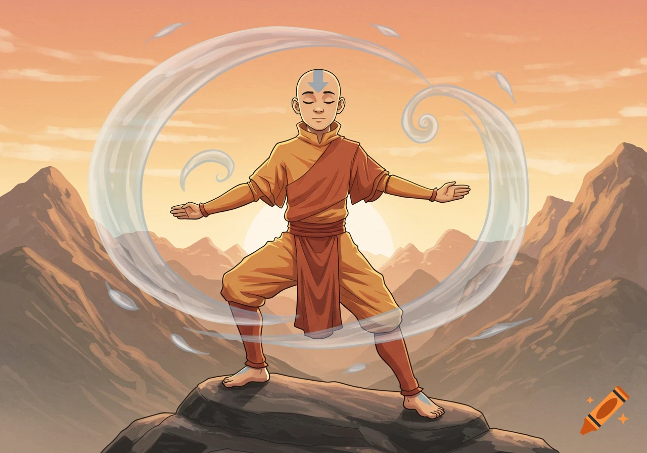 Aang stands barefoot on a mountain, airbending with outstretched arms as the sun sets.