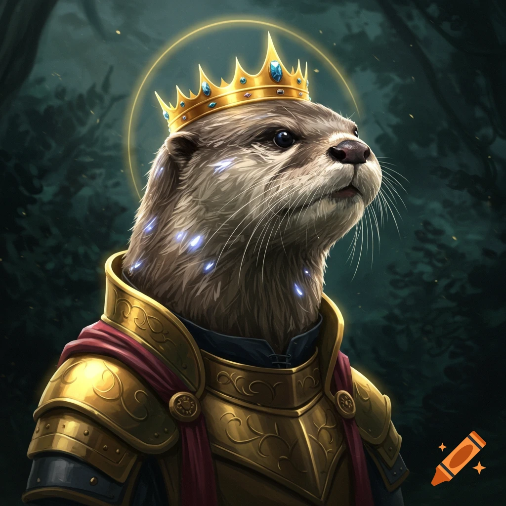 A regal otter wearing a golden crown and intricate fantasy armor, with magical highlights, against a dark forest background.