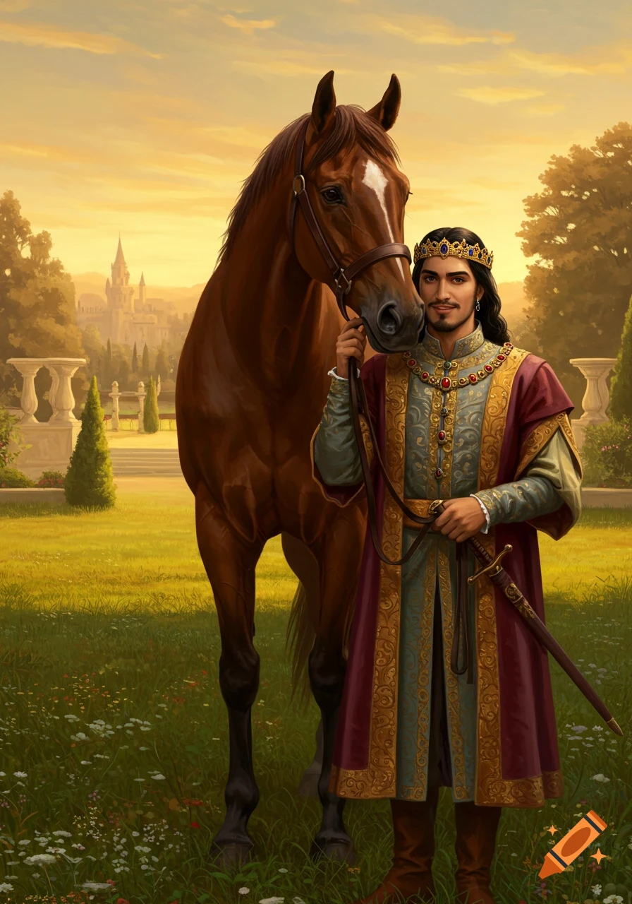 Renaissance painting of an oriental king in rich robes standing next to a brown horse in a sunlit grassy field with a castle in the background.