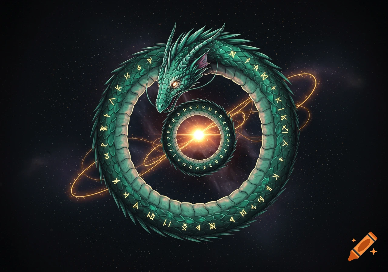 A teal dragon with glowing runes on its body forms an ouroboros, biting its tail around a bright cosmic orb in a starry space.