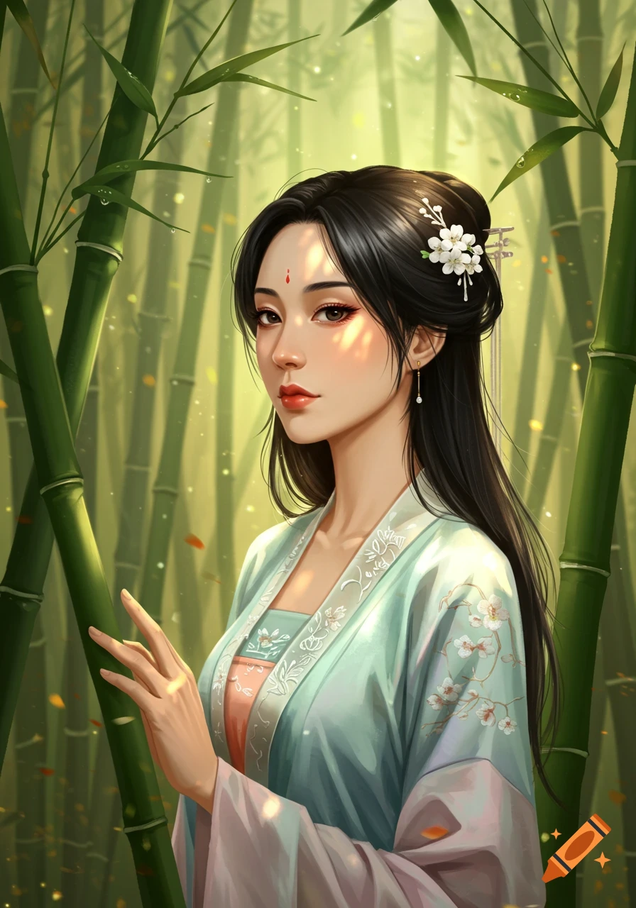 Digital painting of a beautiful Asian woman in traditional attire, standing in a bamboo forest with soft light.