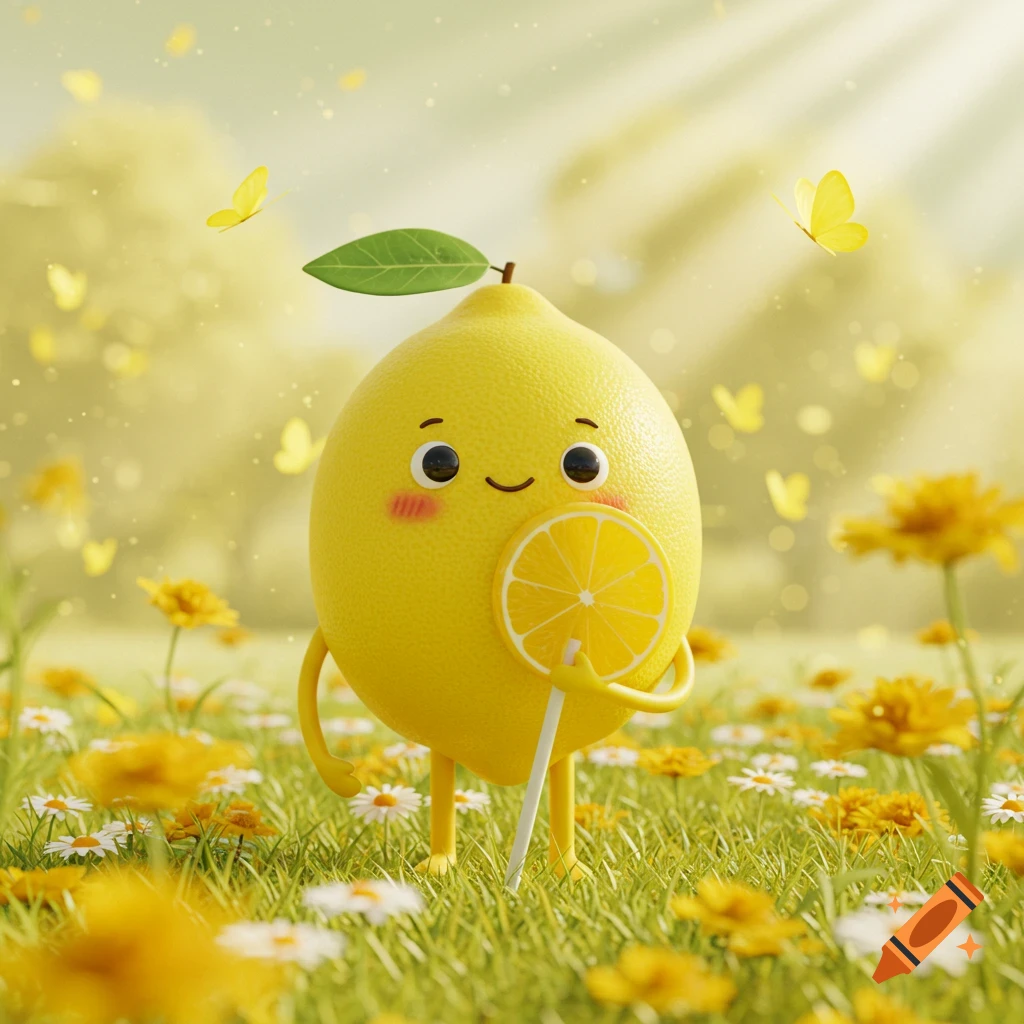 A cute, smiling lemon character with tiny arms and legs holds a lemon slice lollipop in a sunny field with yellow flowers and butterflies.