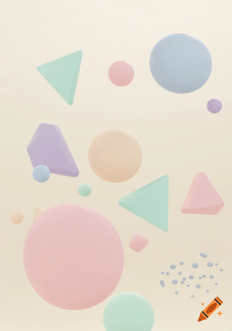 Pastel 3D geometric and organic shapes, including circles, triangles, and a polygon, float on a light beige background.