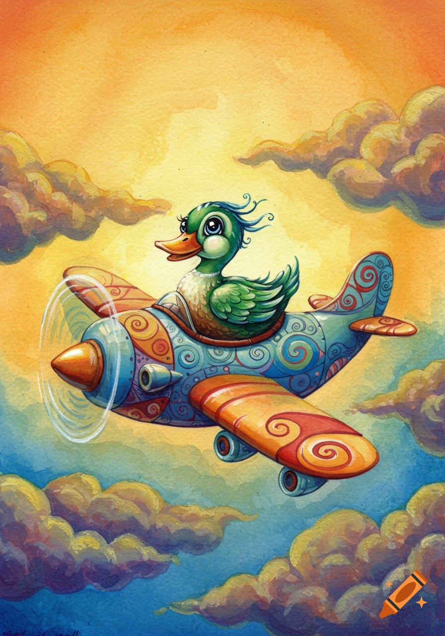 Whimsical watercolor illustration of a green duck flying a patterned airplane through a colorful, cloudy sky.