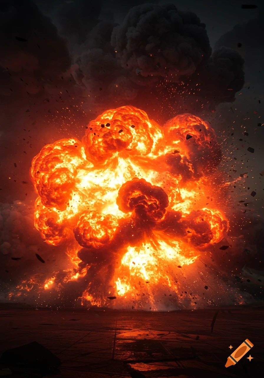 A powerful, fiery orange and yellow explosion with black smoke and flying debris, against a dark, desolate background.