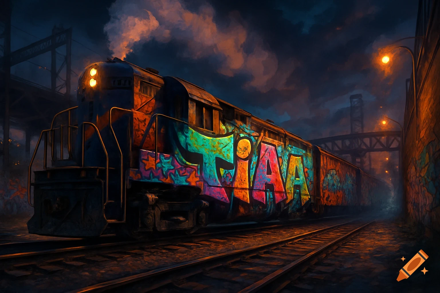 A stylized night scene of a train covered in colorful graffiti, on tracks under a bridge with streetlights glowing.
