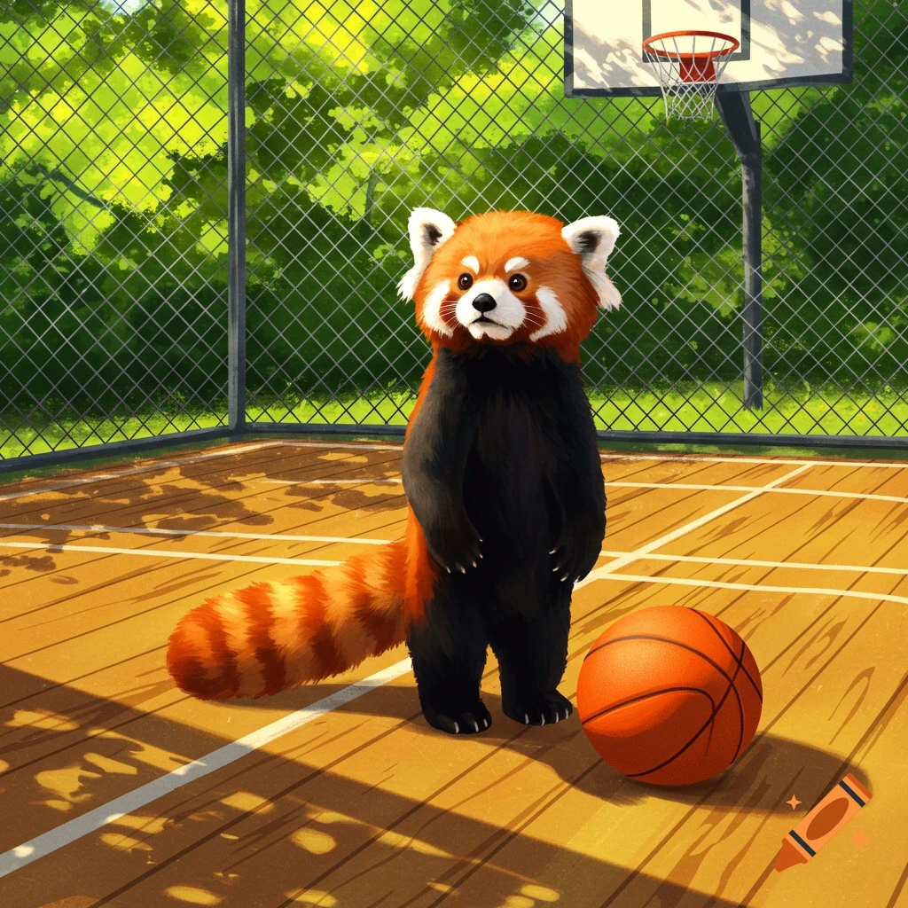 An illustrated red panda stands on a basketball court next to a basketball, with a hoop and green trees in the background.