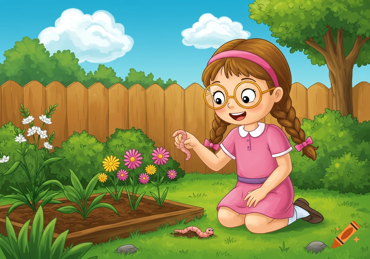 A happy cartoon girl with glasses and pigtails kneels in a sunny garden, holding an earthworm. Another worm is on the grass.