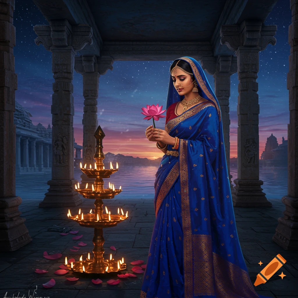 A woman in a blue sari holds a pink lotus by a lit tiered lamp in an ancient temple at dusk, stars in the sky.