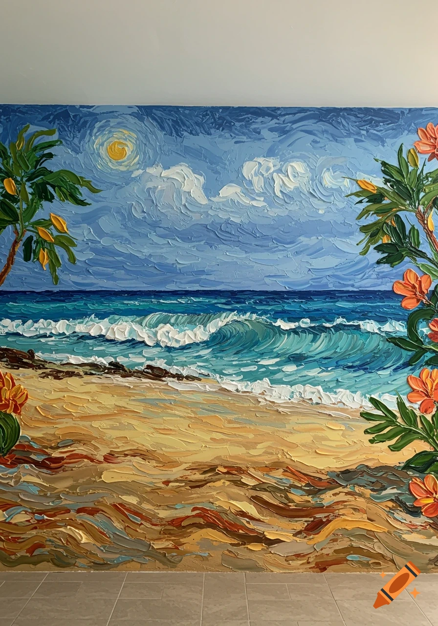 A vibrant, impasto painting of a tropical beach with crashing waves, palm trees, and orange flowers under a bright sun.