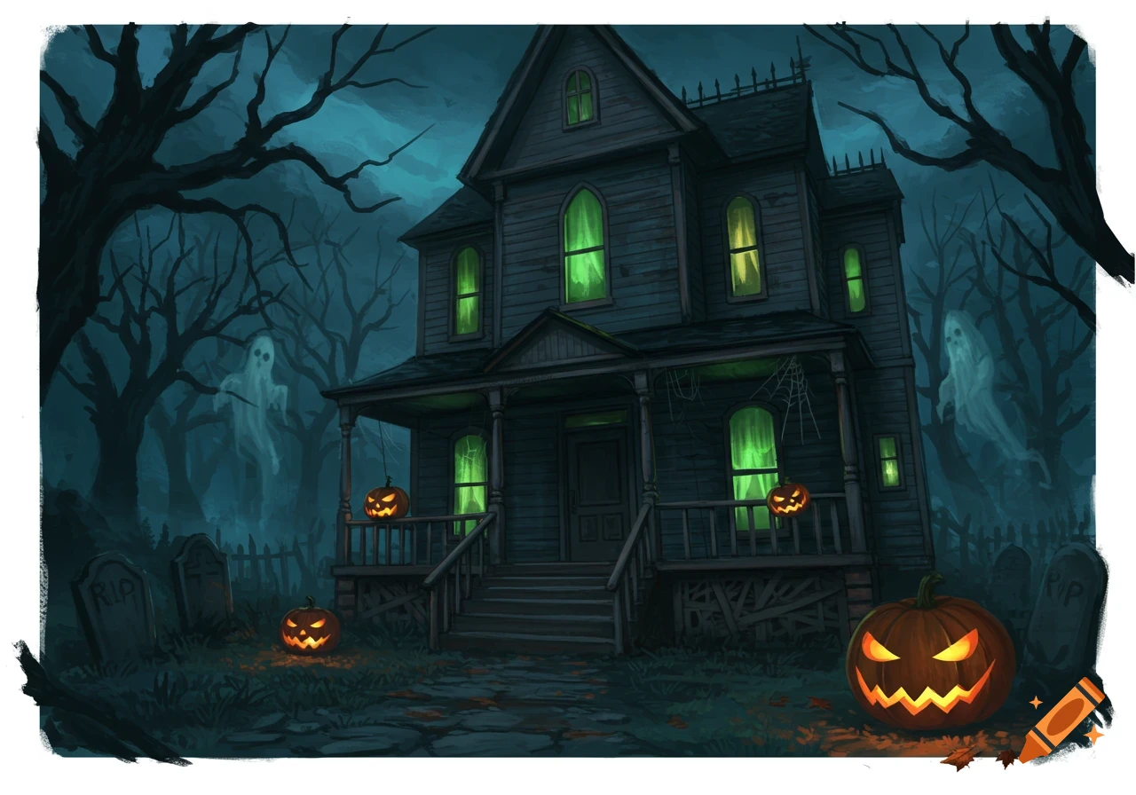 Stylized illustration of a haunted house at night with glowing green windows, jack-o'-lanterns, gravestones, and two ghostly figures.