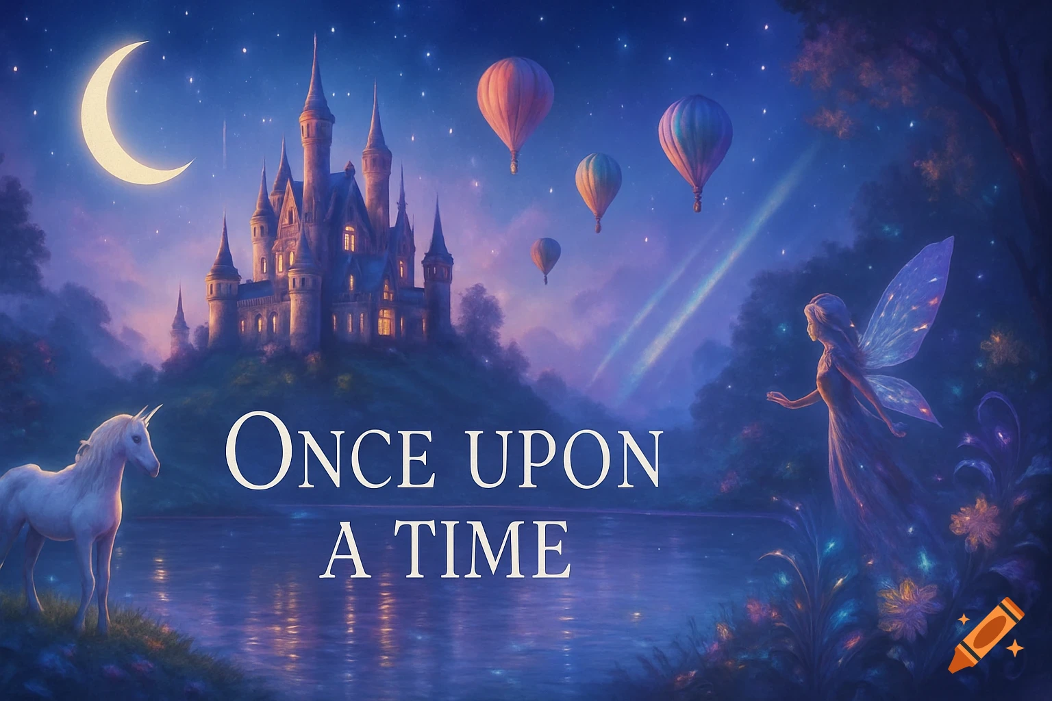 Fantasy scene with a castle, unicorn, fairy, hot air balloons, and 'ONCE UPON A TIME' text at night.