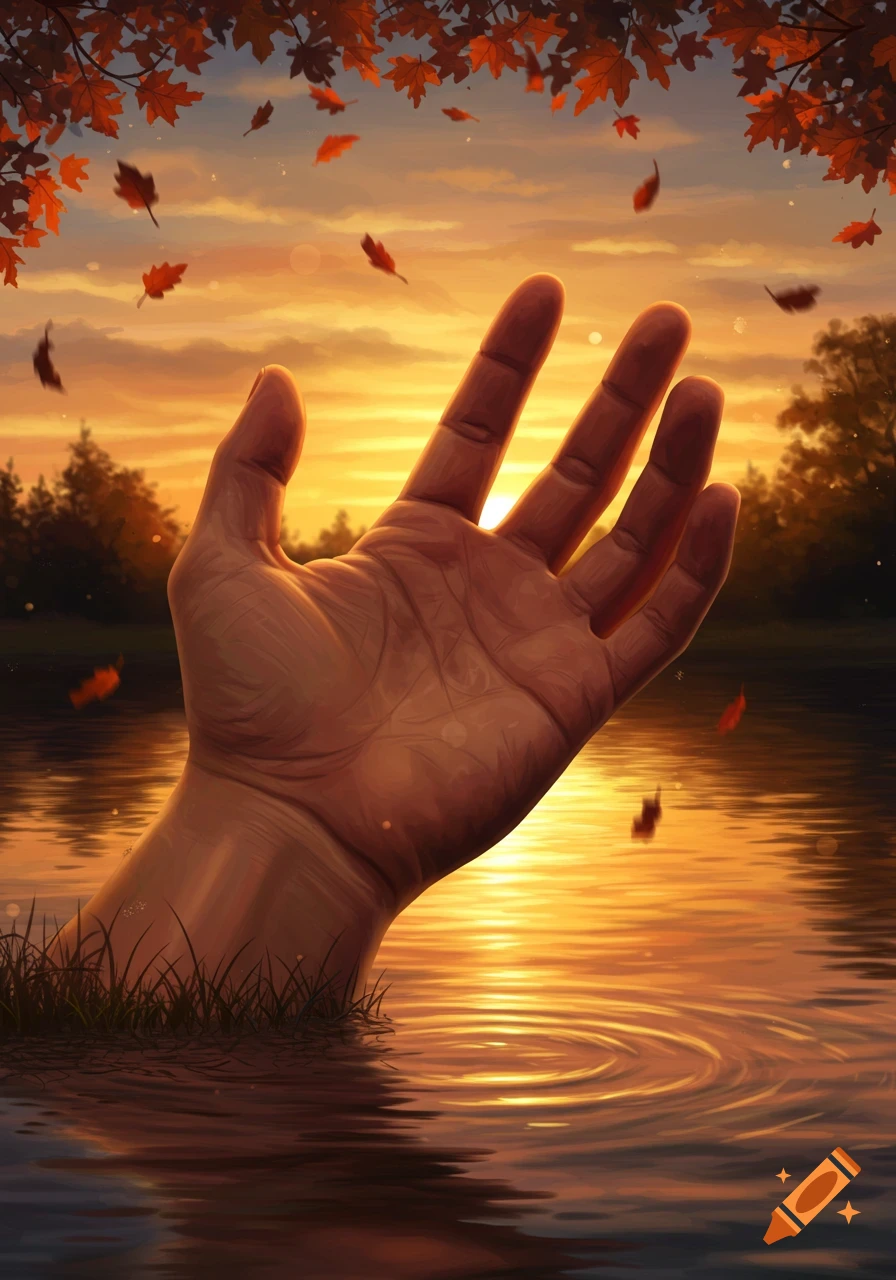 A stylized hand reaches out of water at sunset, surrounded by falling autumn leaves in a warm, digital painting.