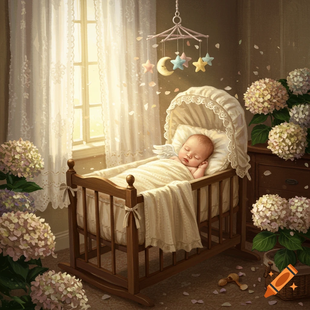 A sleeping baby with tiny angel wings in a wooden crib in a sunlit room, surrounded by hydrangeas and falling petals, with a starry mobile overhead.