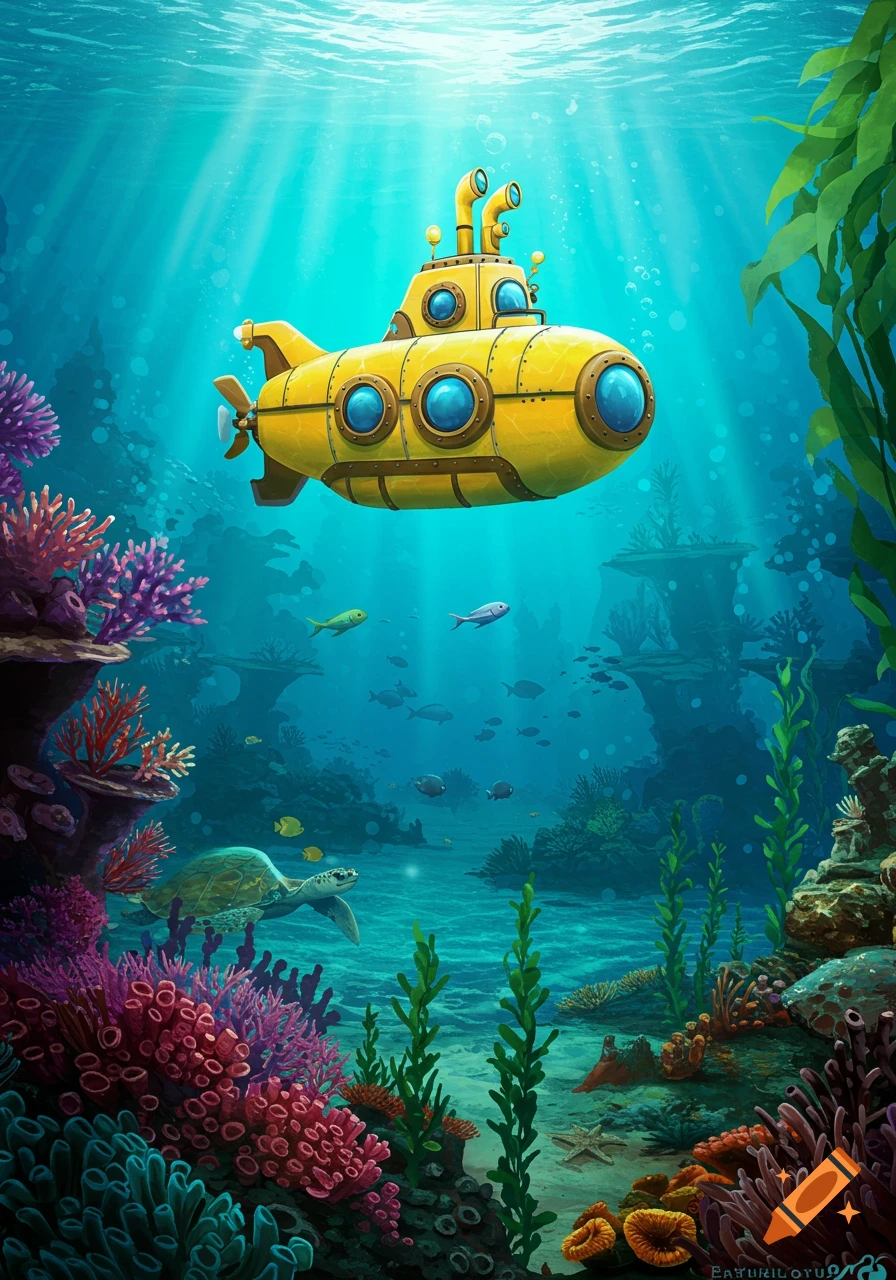 A bright yellow submarine floats above a vibrant coral reef, teeming with diverse marine life and lush underwater plants, with sunlight filtering through the water.