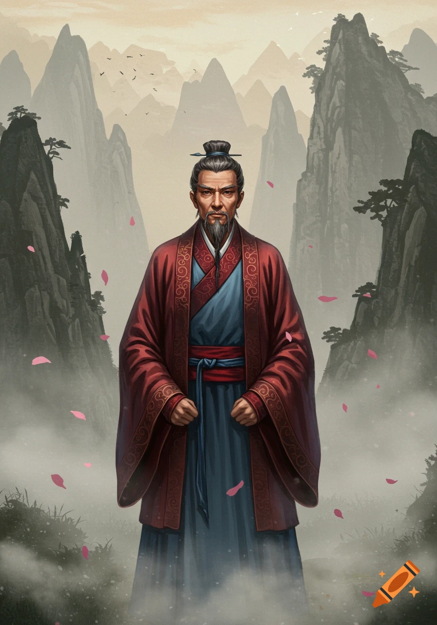 A serious-looking Chinese man in traditional red and blue robes stands in a misty mountain landscape with falling pink petals.