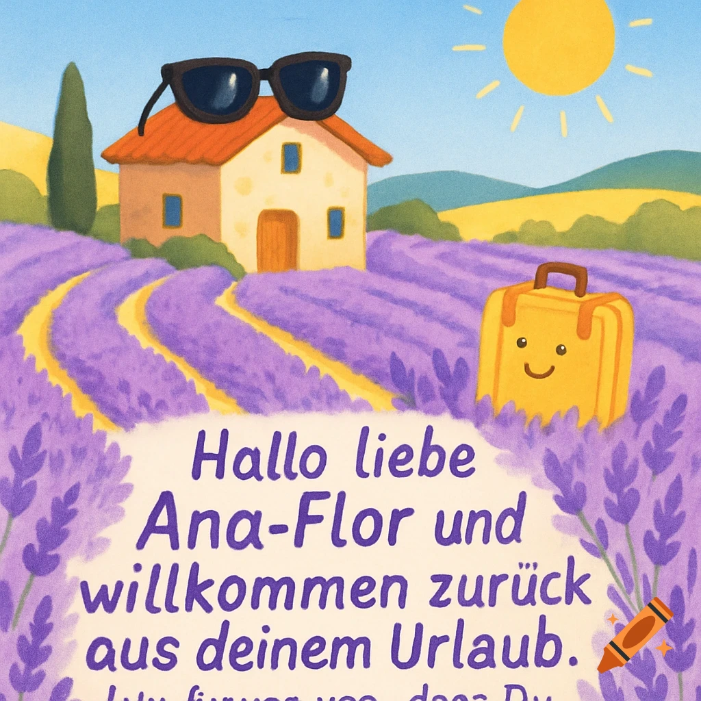 A playful illustration of a sunny lavender field in South France with a rustic house, sunglasses, a smiling suitcase, and German text.