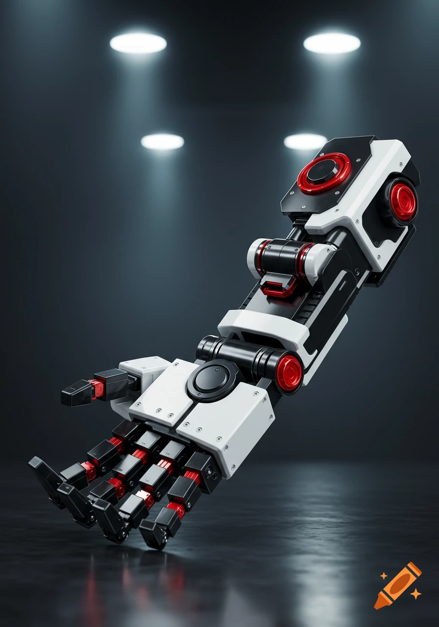 Sleek, futuristic robotic arm with black, white, and red components, lit by spotlights in a dark room.