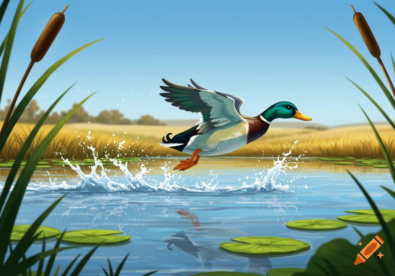 A colorful mallard duck takes off from a pond, splashing water. Green cattails and lily pads frame the scene, with a golden field in the background. Illustration.