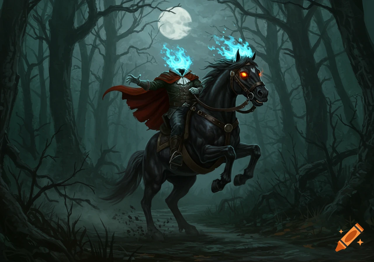 A Headless Horseman with a flaming blue head rides a black horse with red eyes through a dark, misty forest under a full moon. Dark fantasy illustration.