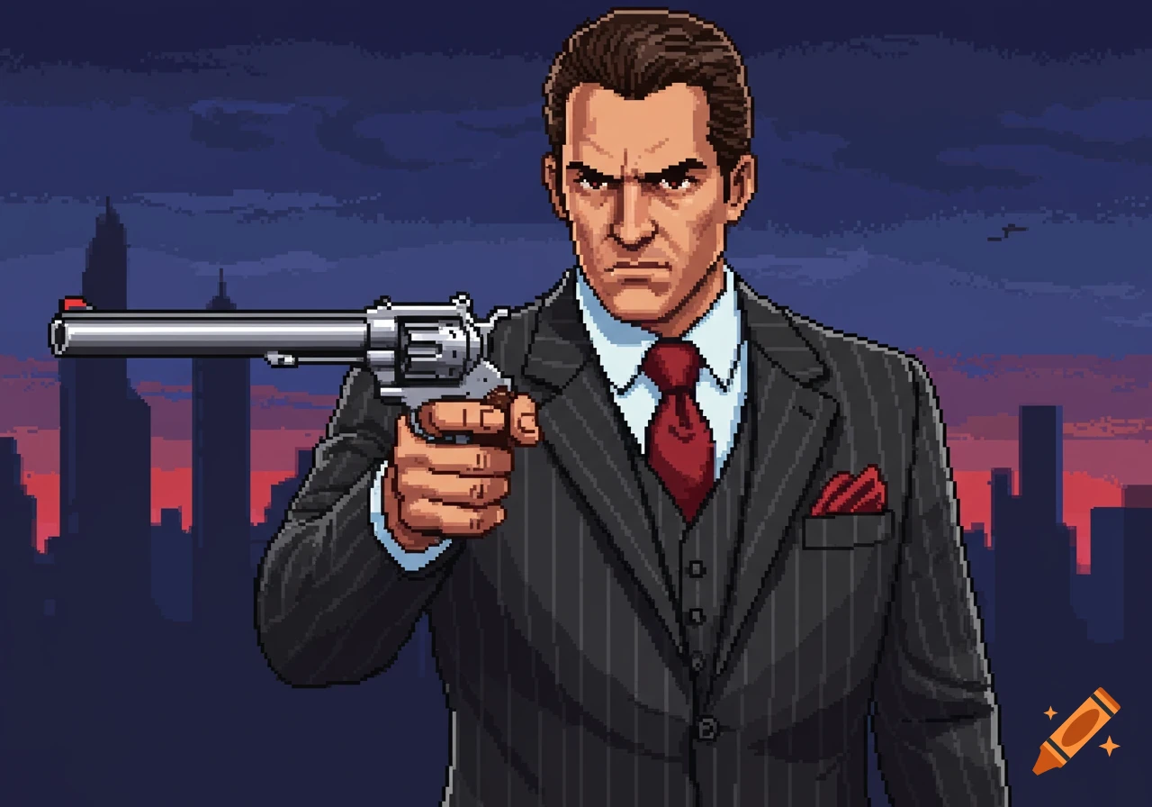 Pixel art of a stern man in a pinstripe suit and red tie, holding a revolver directly at the viewer, with a dark city skyline at sunset in the background.