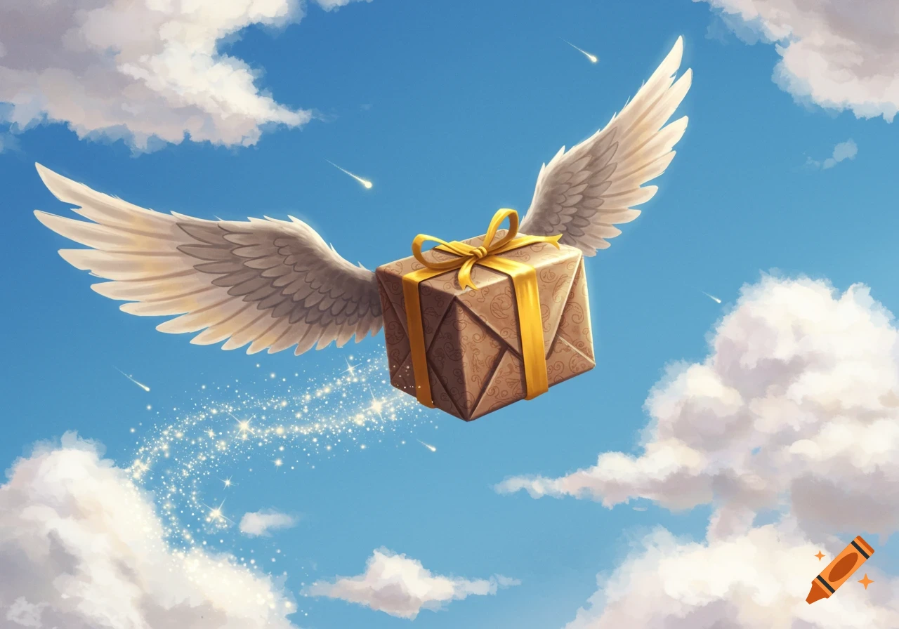 A brown gift box with a gold ribbon and white wings flies through a blue sky with clouds, trailing sparkling magic. Stylized illustration.
