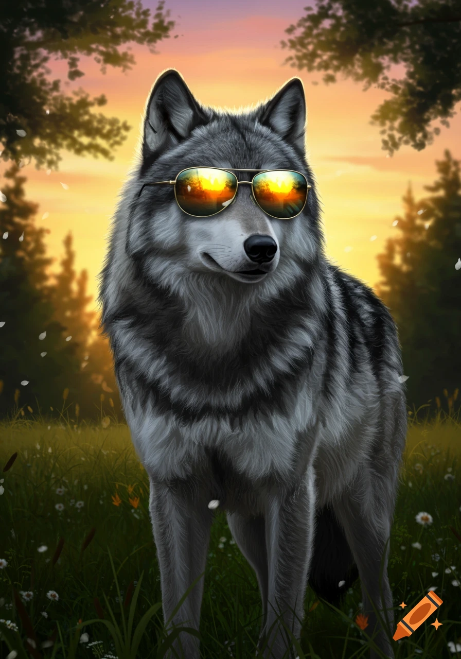A cool grey wolf wearing aviator sunglasses stands in a grassy field at sunset, with trees in the background.