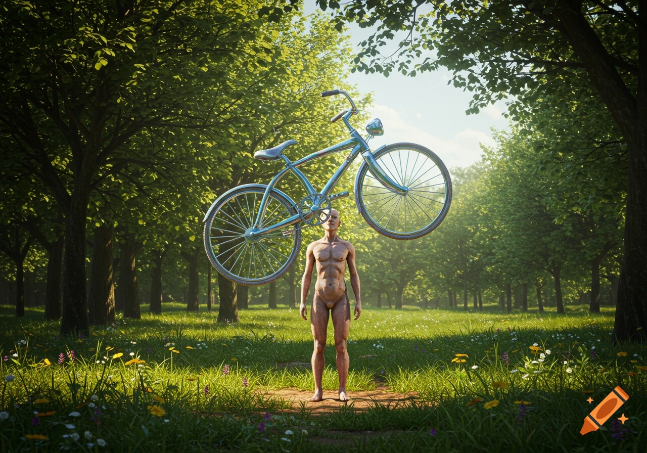 A nude man stands in a grassy clearing with a bicycle hovering above his head, surrounded by lush green trees and wildflowers under a bright sky.