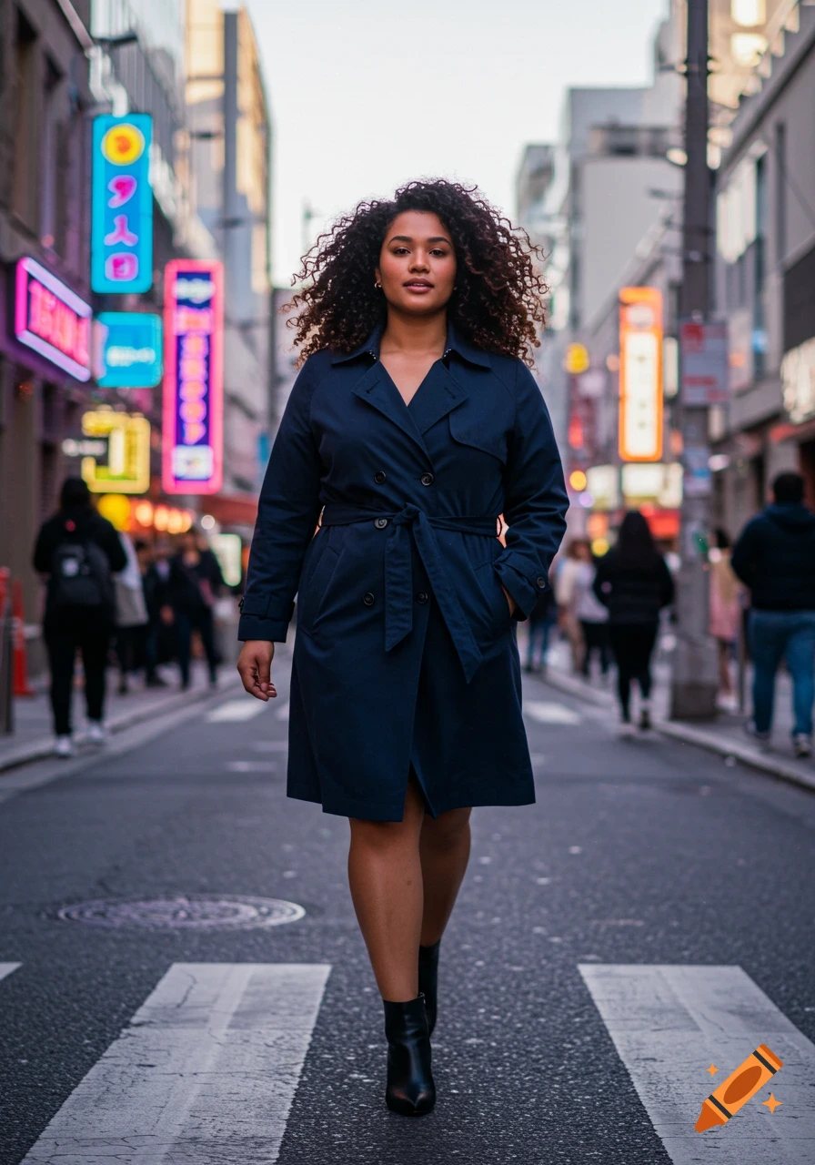 A stylish young woman with curly hair wearing a dark trench coat walks down a city street with neon signs.