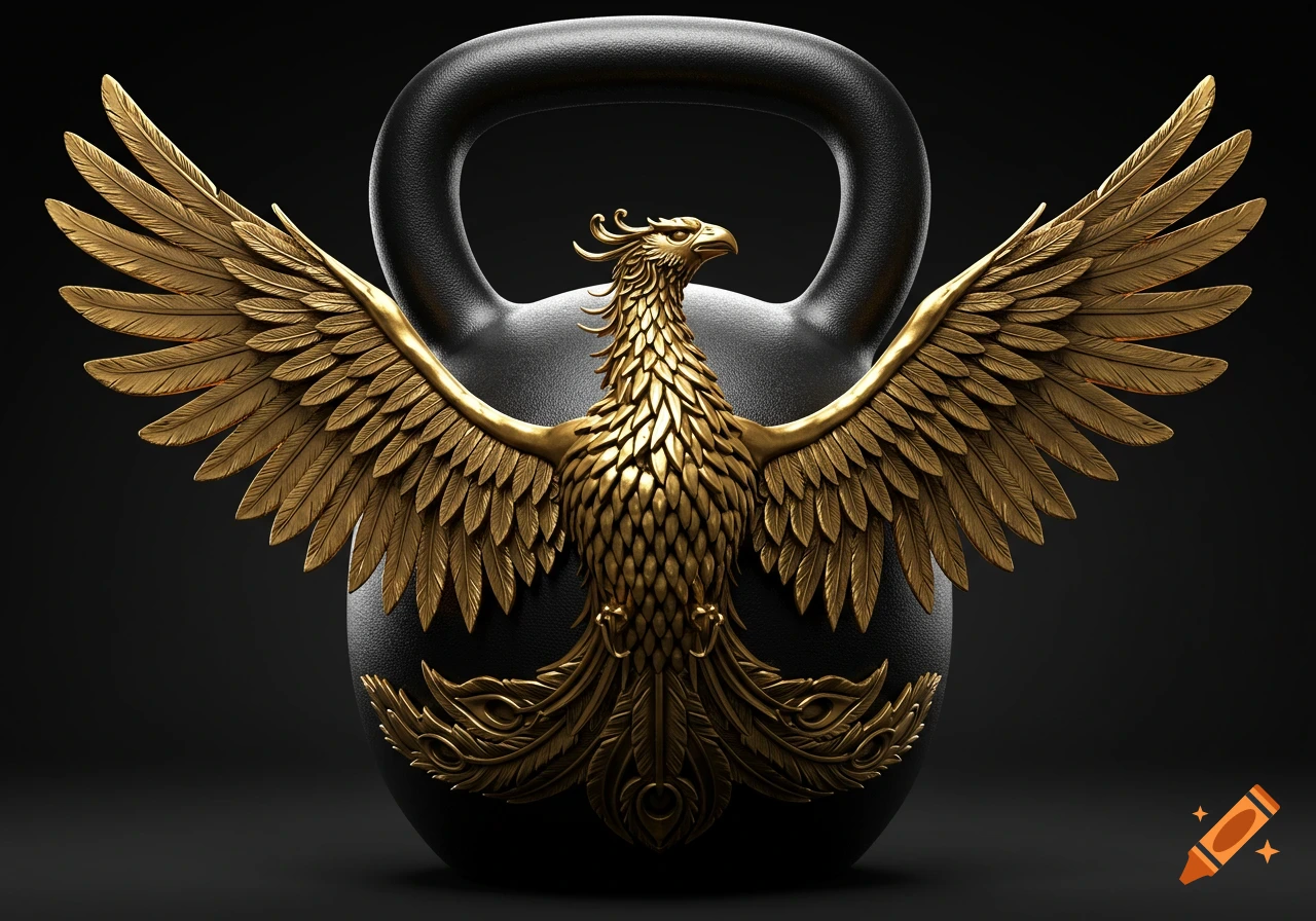 A golden phoenix with spread wings emblazoned on a sleek matte black kettlebell, rendered with strong side-light.